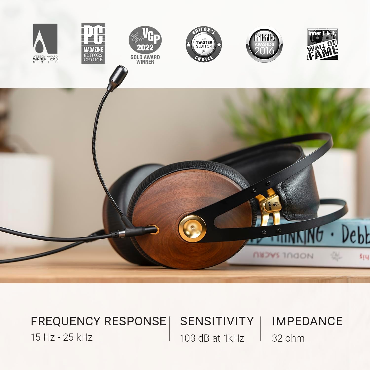MEZE AUDIO | 99 Classics Walnut Gold & Boom Mic Headset | Wired Over-Ear Headphones with Boom Microphone and Self Adjustable Headband | Closed-Back Headset for Gaming | Remote Work | Audiophiles