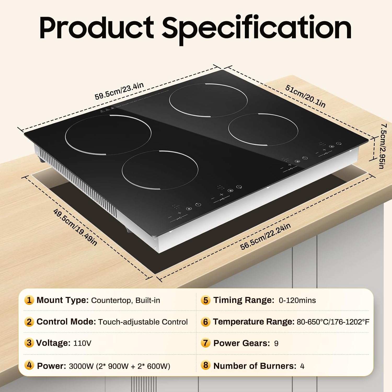4 Burners Induction Cooktop with Touch Control, 110V Built-in Ceramic Cooktop Electric Stove Top with 9 Power Levels Adjustable Temperature for Cooking, Black(L 22.24' x W 19.49')