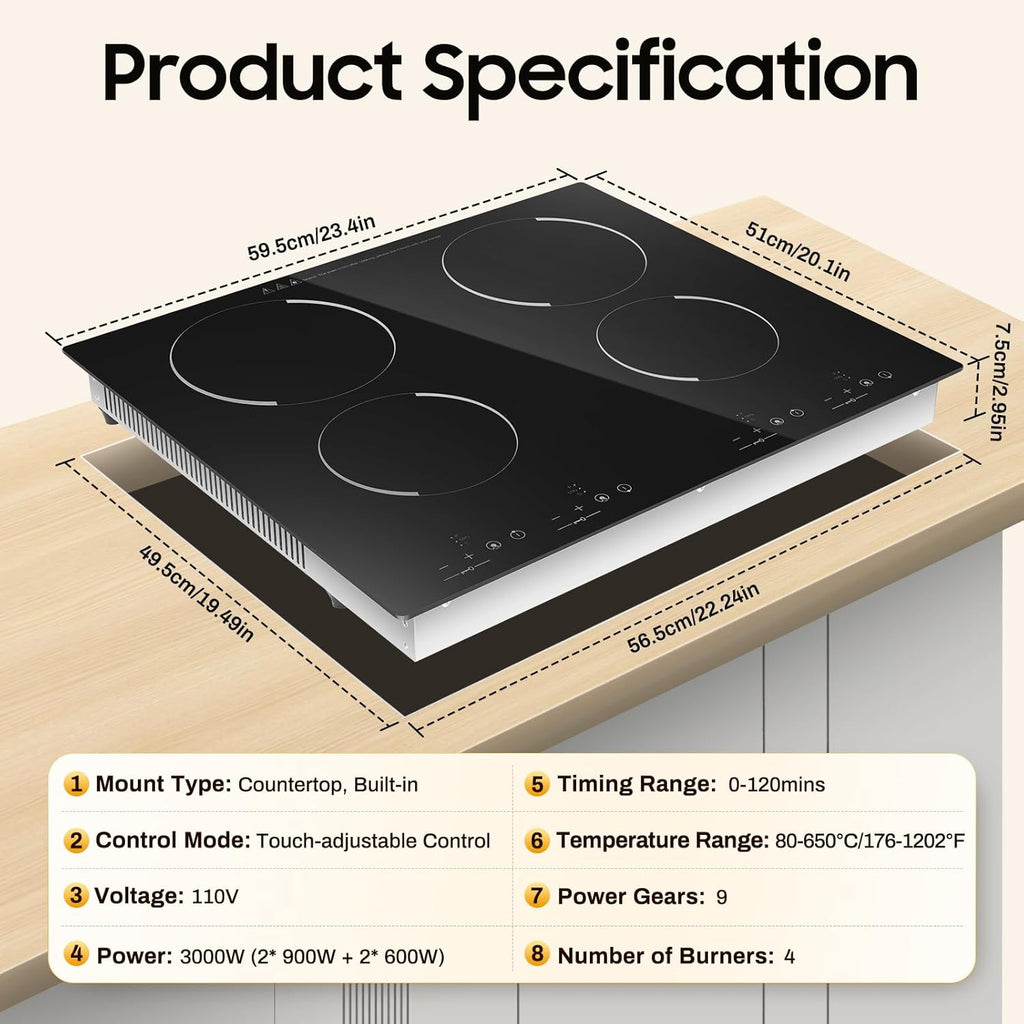 4 Burner Electric Cooktop 110V, 23 Inch Countertop and Built in Electric Kitchen Stove, 3000W Hob Top for Cooking 9 Speed Touch Adjustable (80-650°C) with LED Display