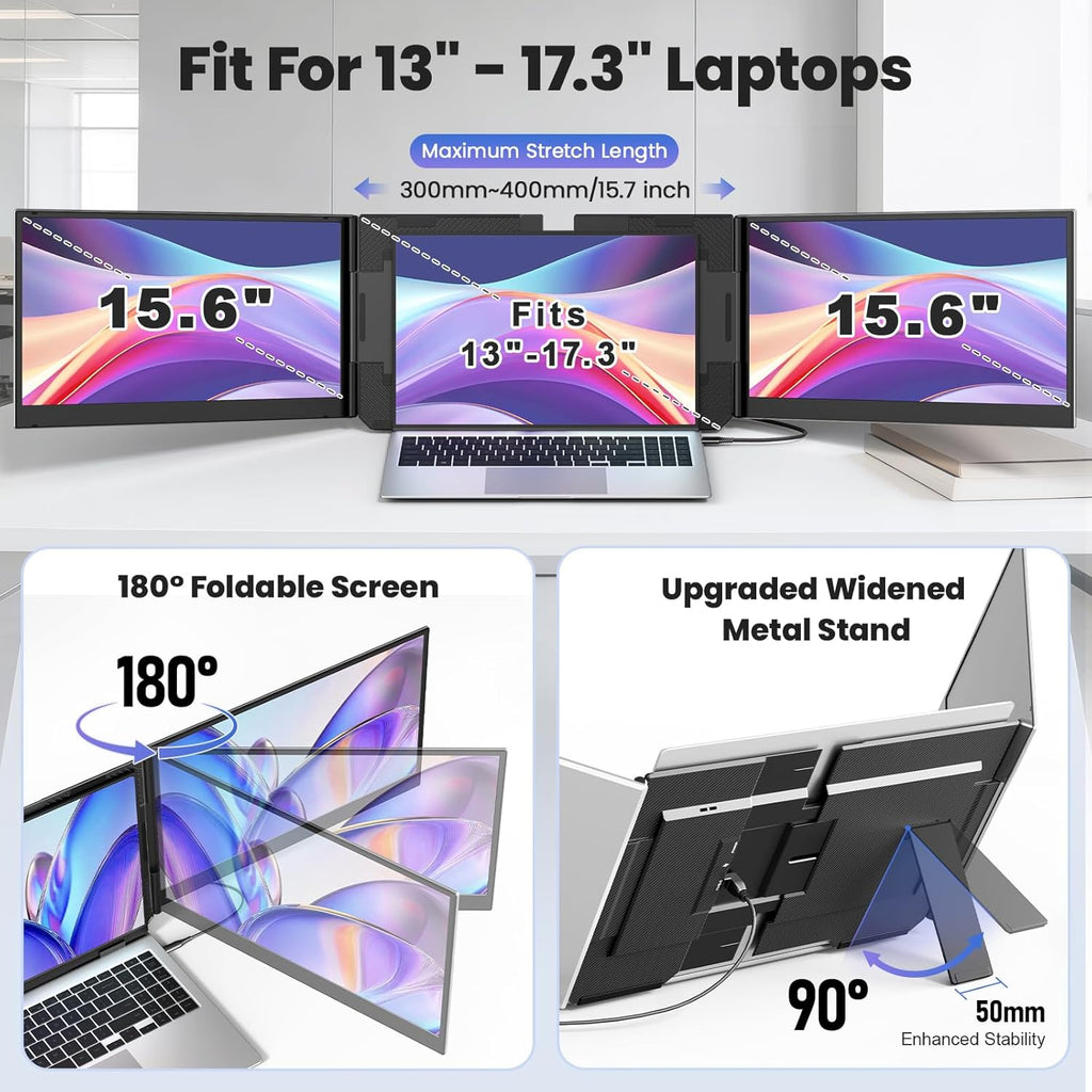 One Cable Laptop Screen Extender, 15.6' Ultra-Slim Triple Portable Monitor, 1080P FHD IPS Display, USB-C/USB-A Connection, Travel Monitor for 13–17.3' Laptops, MacOS/Windows/Android