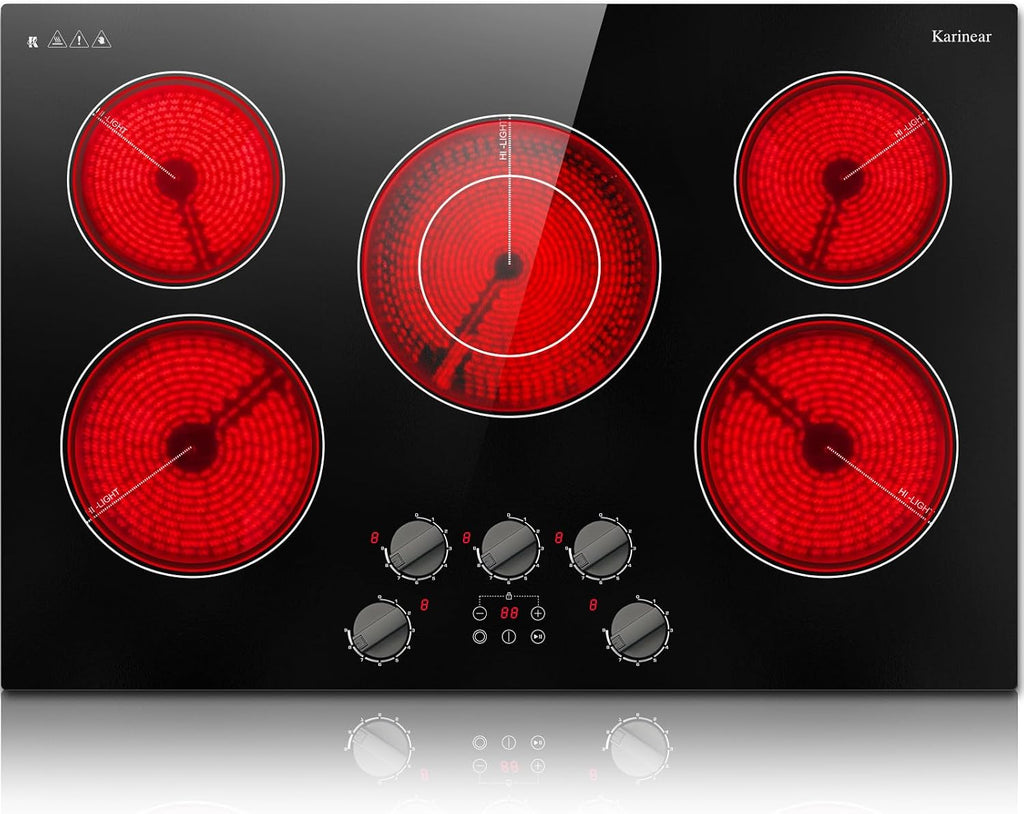 Karinear Electric Cooktop 30 Inch, 5 Burner Radiant Cooktop with Knob & Touch Control, 8500W 240V Built-in Stove Top, 9 Power Levels, Timer, Child Lock, Pause, Residual Heat Indicator(Black Knob)