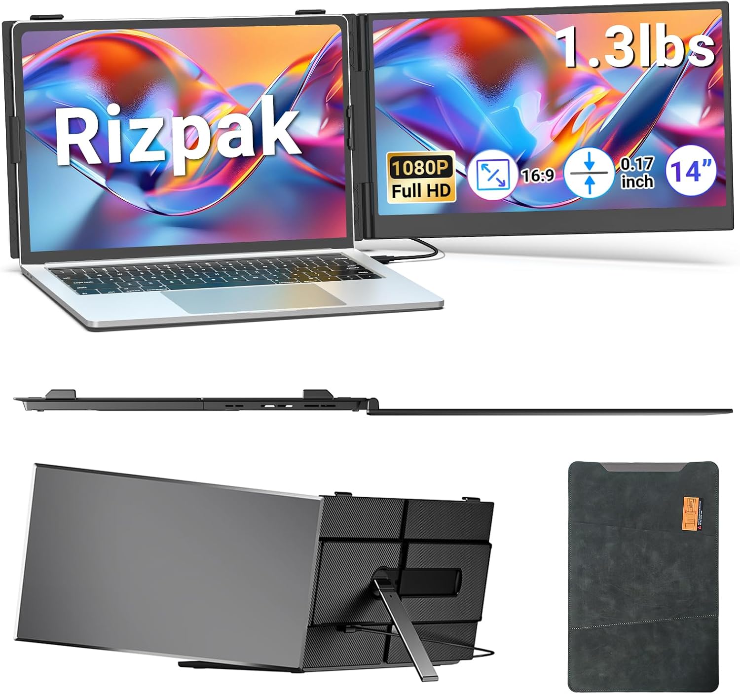 Laptop Screen Extender, 14' FHD 1080P Portable Monitor for Laptop, 1.3lbs Ultra-Light Dual Monitor, USB-C Plug & Play Travel Monitor Extender for 13'-17' Windows/Mac/Android/Chrome