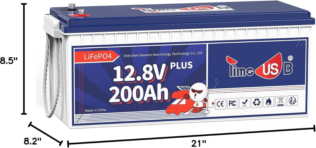 Timeusb 12V 200Ah Plus LiFePO4 Battery, Built-in 200A BMS, Deep Cycle Battery with Max 2560W Output Power, Perfect for Your RVs, Solar System, Off-grid, Travel Trailer, etc
