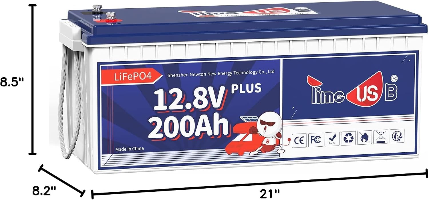 Timeusb 12V 200Ah Plus LiFePO4 Battery, Built-in 200A BMS, Deep Cycle Battery with Max 2560W Output Power, Perfect for Your RVs, Solar System, Off-grid, Travel Trailer, etc