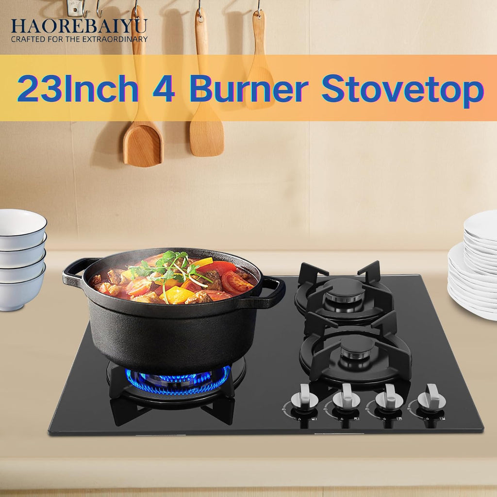 23Inch 4 Burner Built-In Lpg Gas Stovetop,Drop-In Gas Hob with Independent Control Knobs&Backfire Protection,Black Tempered GlassGas Cooktop