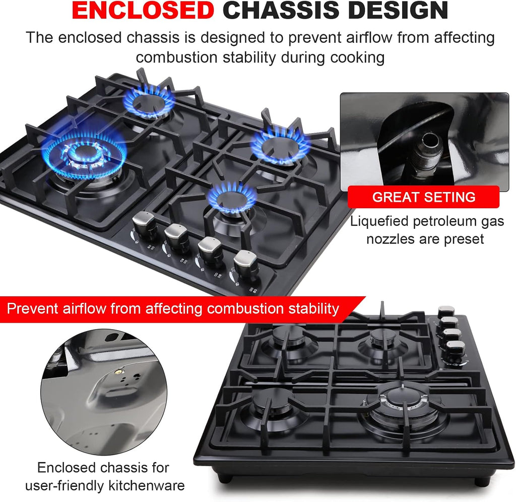 FORIMO Gas Cooktop 22Inch，Built in Gas Cooktop 4 Burners Stainless Steel Stove with NG/LPG Conversion Kit Thermocouple Protection and Easy to Clean