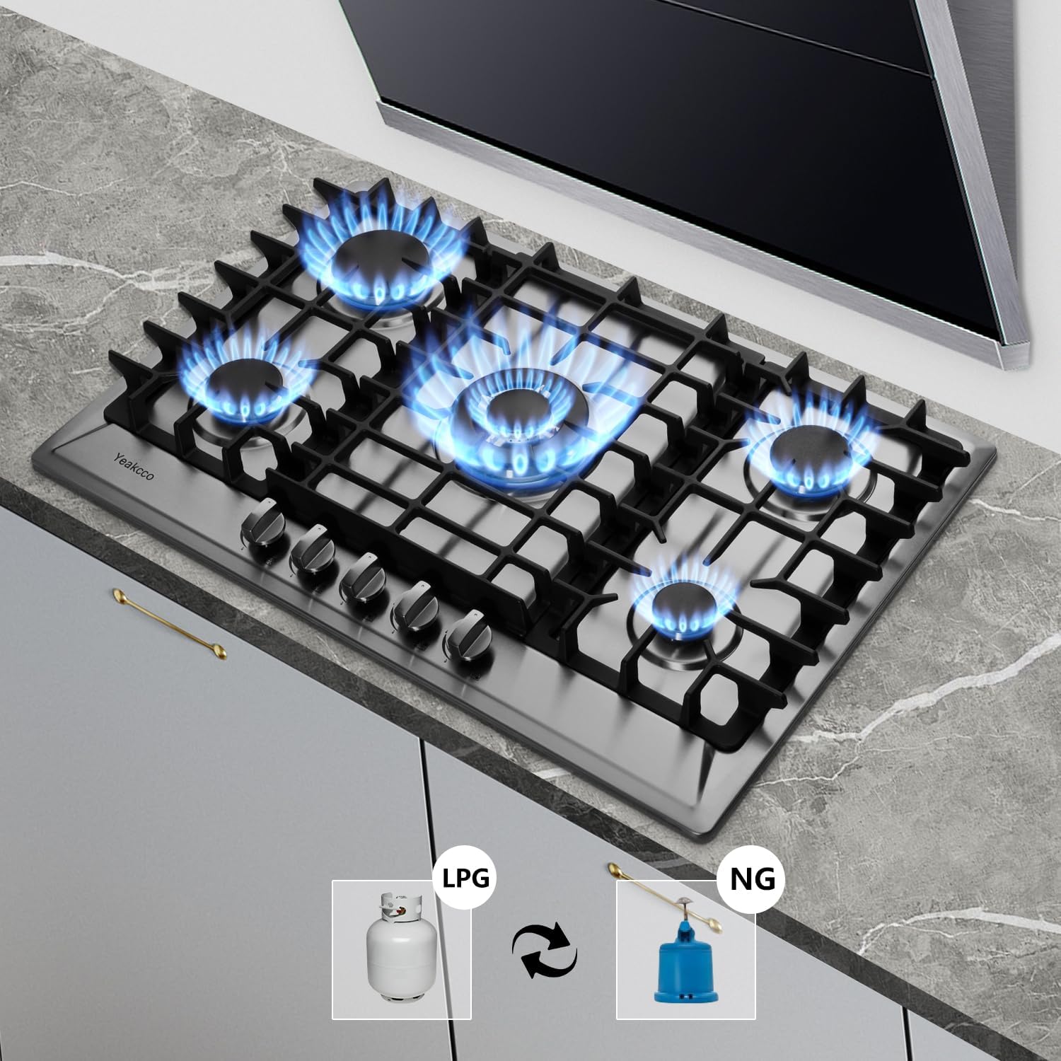 30 Inch Gas Cooktop, Built-in 5 Burners Stainless Steel Stovetop Propane/Natural Gas Convertible Stove Top Dual Fuel Cooktop