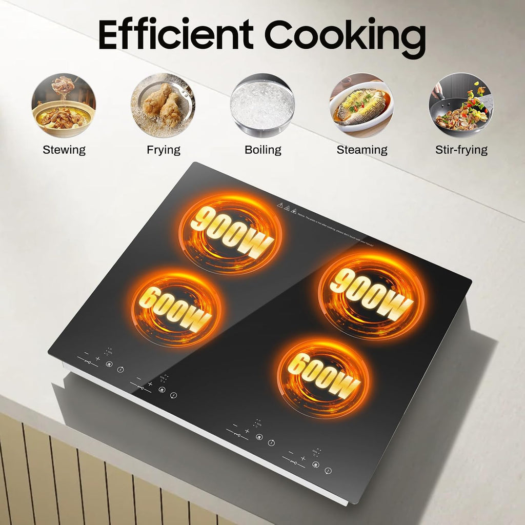 23.62 x 21.26 In Electric Ceramic Cooktop, with 4 Burner 9 Power Levelsr Child Safety Lock Touch Sensor Control, 3000W, Built-in & Desktop, 110V