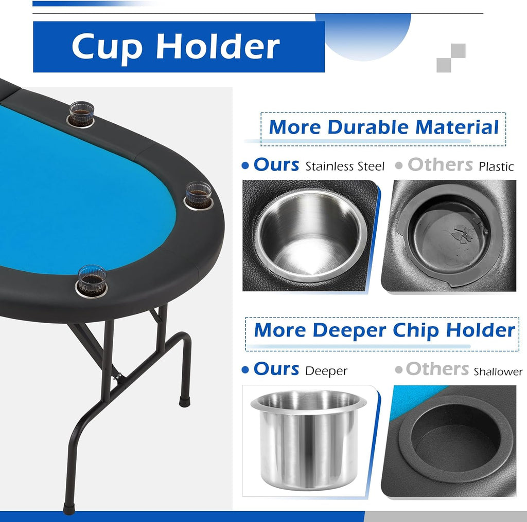 ECOTOUGE 8 Players Poker Table Foldable, Poker Gaming Table w/Portable Storage Bag & Stainless Steel Cup Holder, Folding Oval Texas Holdem Table for Blackjack, Casino Game, Fully Assembled, Blue