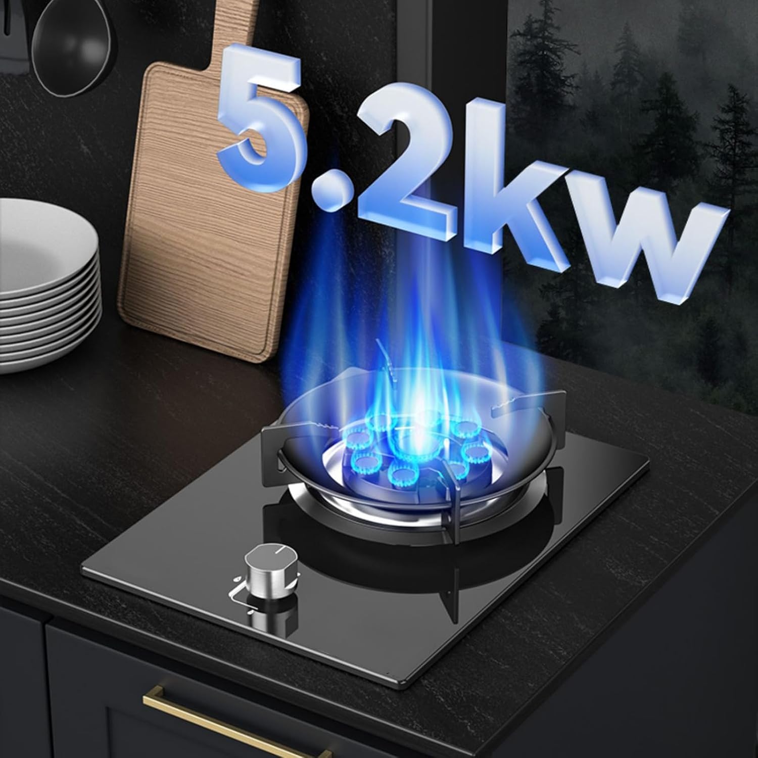 Gas Cooker 1 Burner,5.2KW Nine-Chamber Fire Ring Frying Pan,Tempered Glass Cooktop with Flame Out Protection,NG/LPG Gas Conversion(NG)