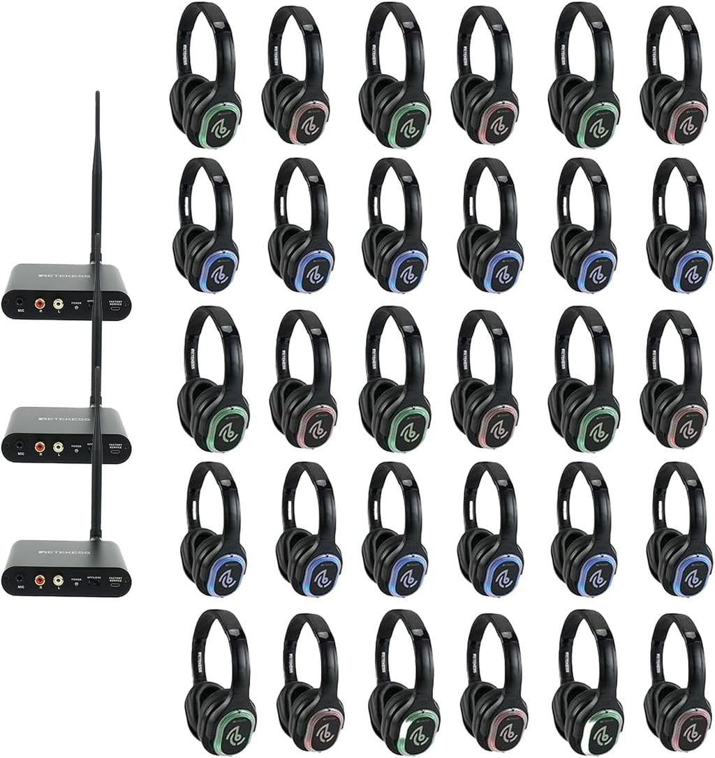 Retekess TA003 Silent Disco Headphone System, Wireless Silent Party Bundle, Comfort Fit, 3 Light Modes, DJ Headphones Professional for Music Events, School (3 Transmitters 30 Headphones)