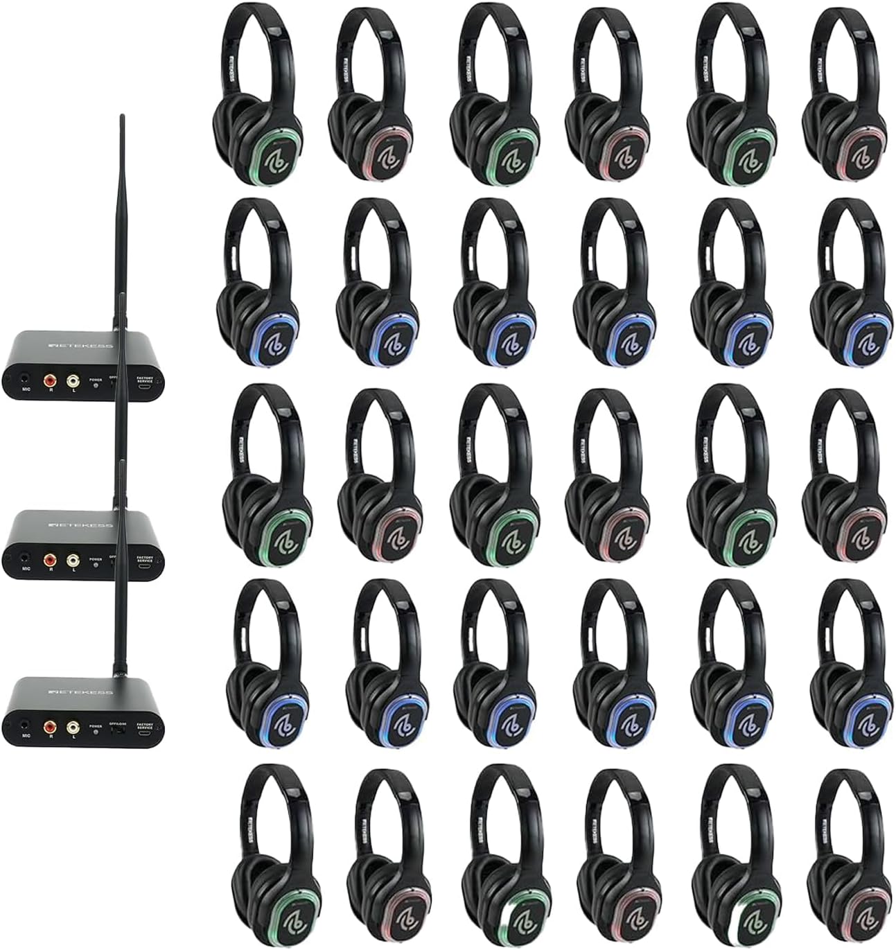 Retekess TA003 Silent Disco Headphone System, Wireless Silent Party Bundle, Comfort Fit, 3 Light Modes, DJ Headphones Professional for Music Events, School (3 Transmitters 30 Headphones)