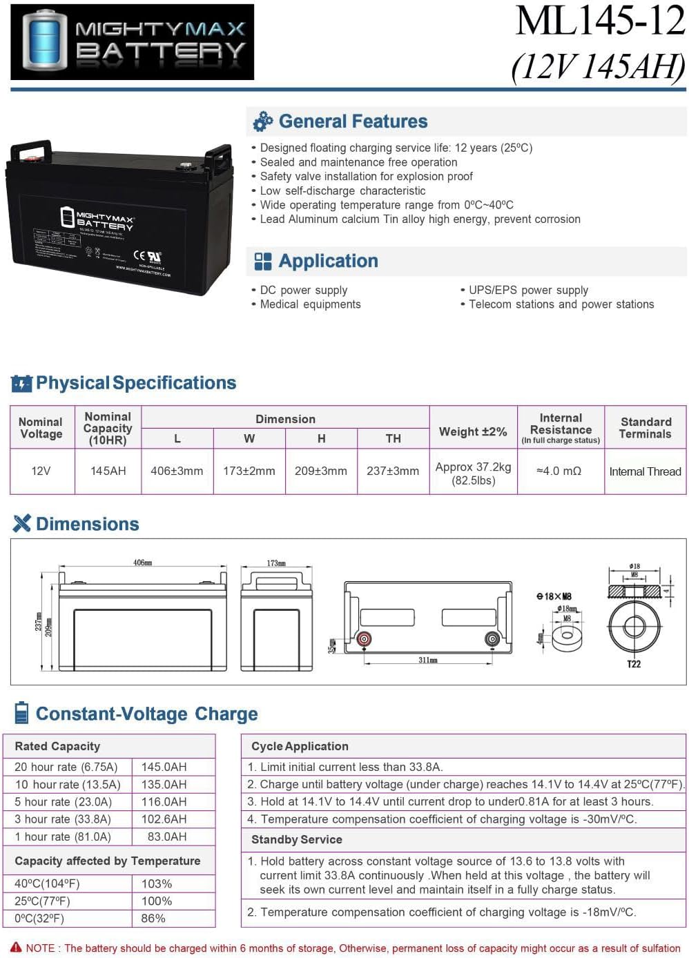 Mighty Max Battery Mighty Max Battery ML145-12 - 12 Volt 145 AH, Internal (INT) Terminal, Rechargeable SLA AGM Battery