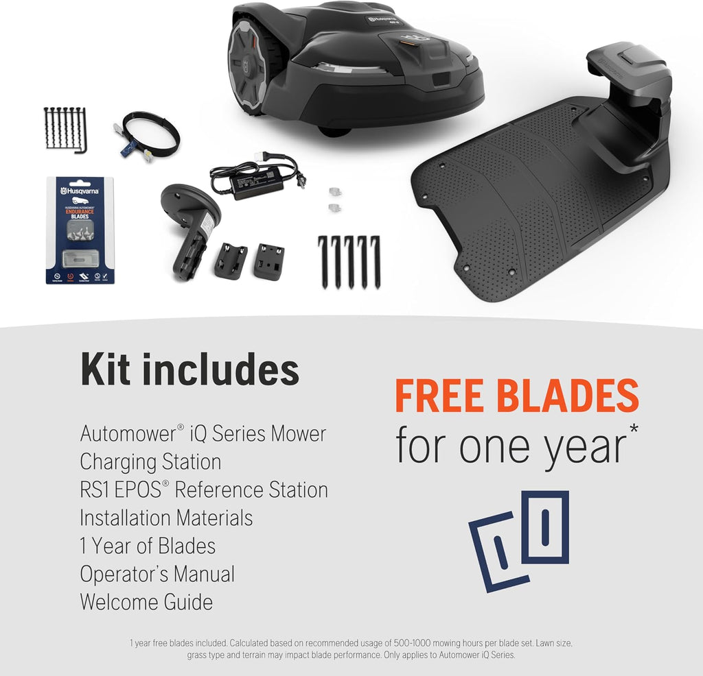 Husqvarna Automower 420iQ Robotic Mower, 1 Acre Mowing Capacity, Wire Free Robot Lawn Mower with Charging Station, RS1 EPOS Reference Station and Replacement Blades