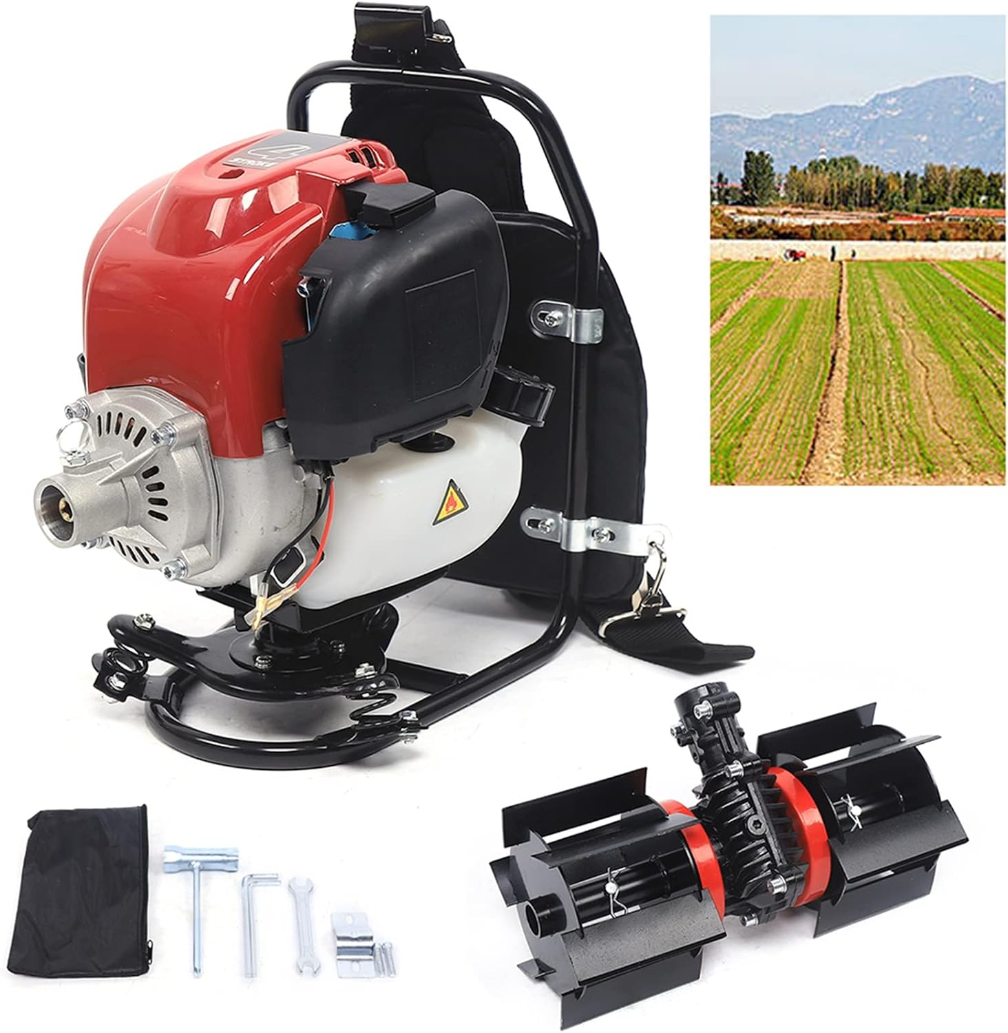 Backpack Gas Garden Brush Cutter Tiller, 3 in 1 35.4CC 4 Stroke Lawn Mower Brush Cutter Grass Hedge Trimmer, Cultivator Lawn Mower for Farmland Weeding Harvesting Clearing Ditching (4-stroke)