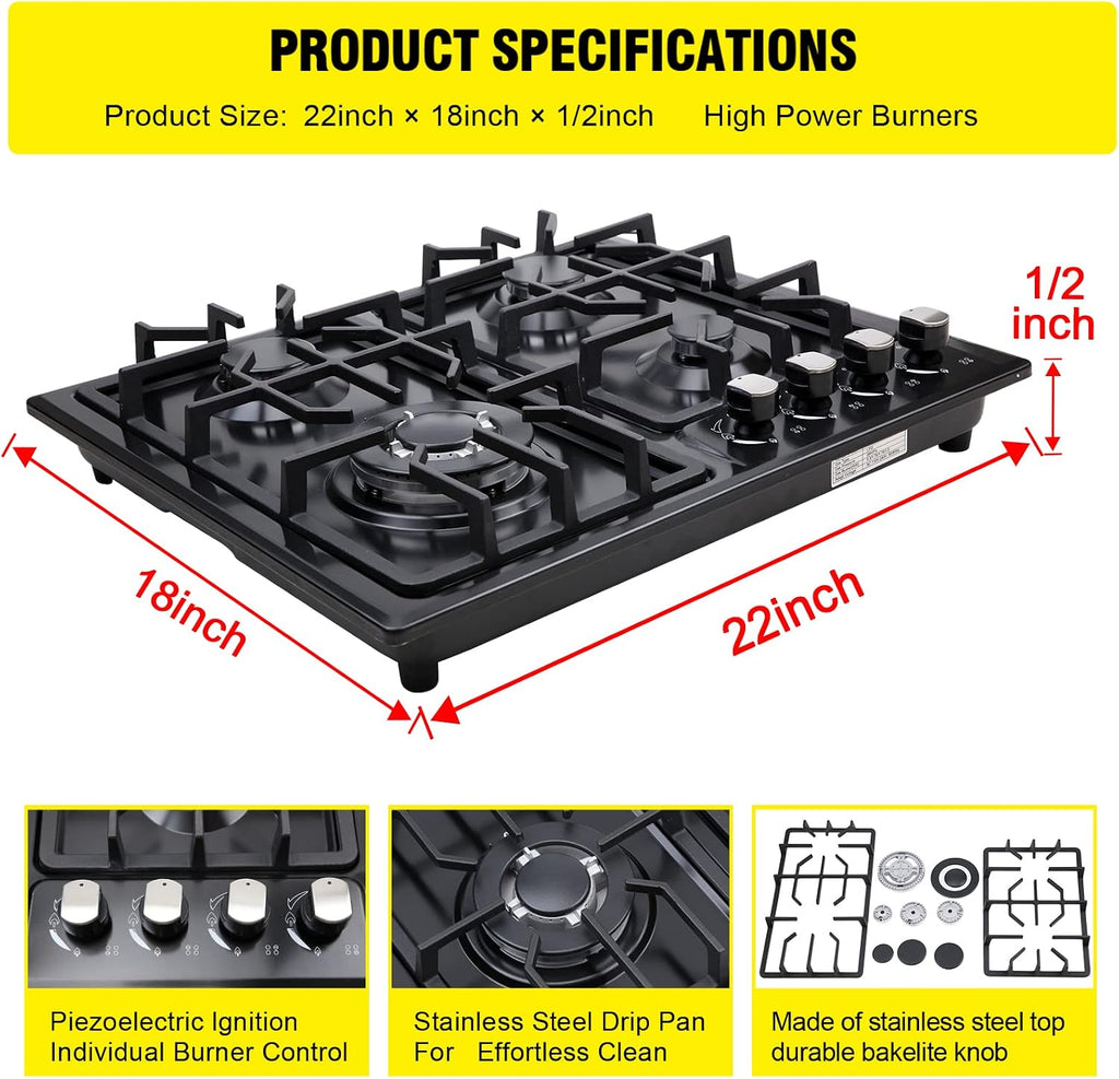 FORIMO Gas Cooktop 22Inch，Built in Gas Cooktop 4 Burners Stainless Steel Stove with NG/LPG Conversion Kit Thermocouple Protection and Easy to Clean