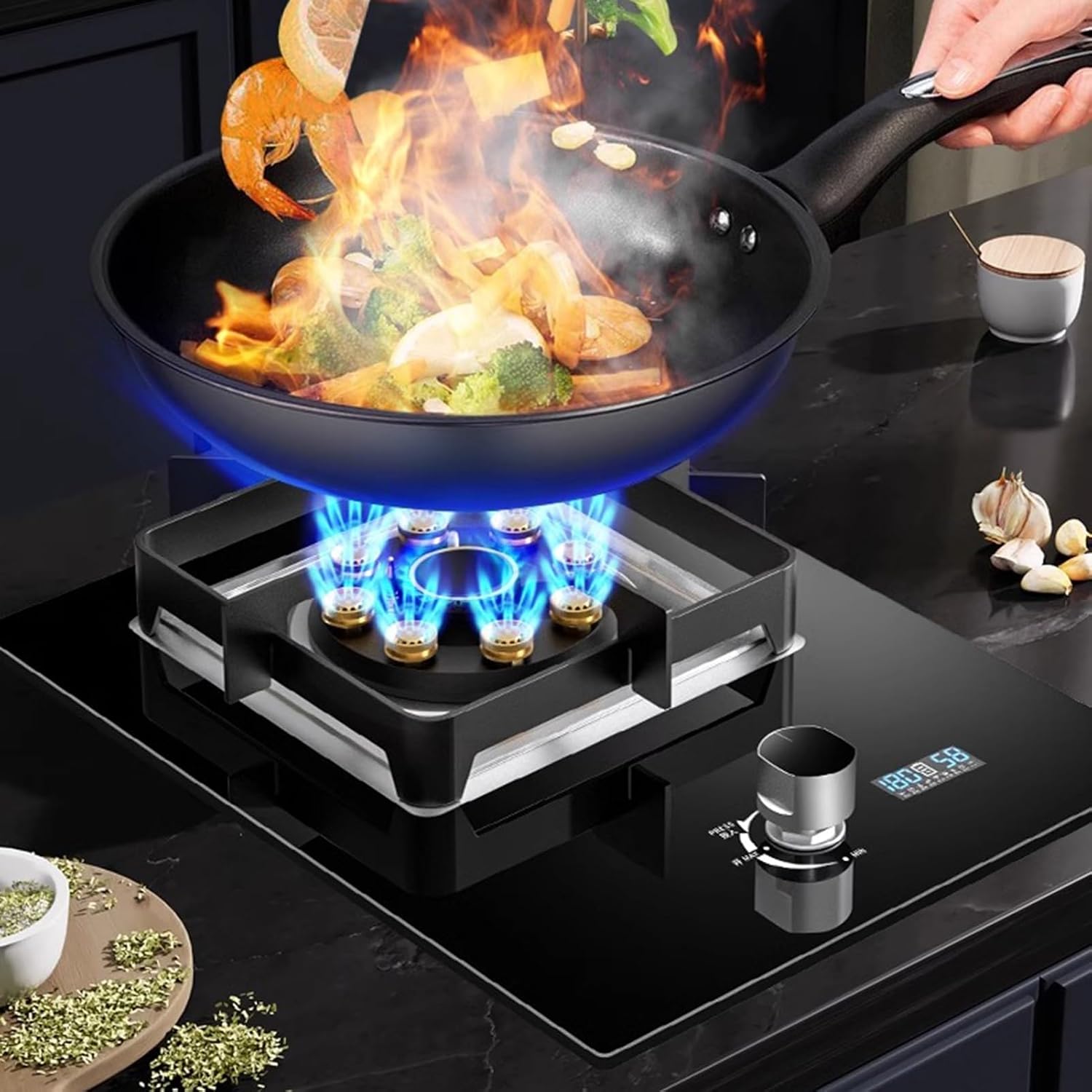 Gas Cooktop 1 Burner,5.2KW 9-Cavity Fire Ring with Timer,Thermocouple Protection,Easy to Clean,NG/LPG Conversion Kit for Home Kitchen(LPG)