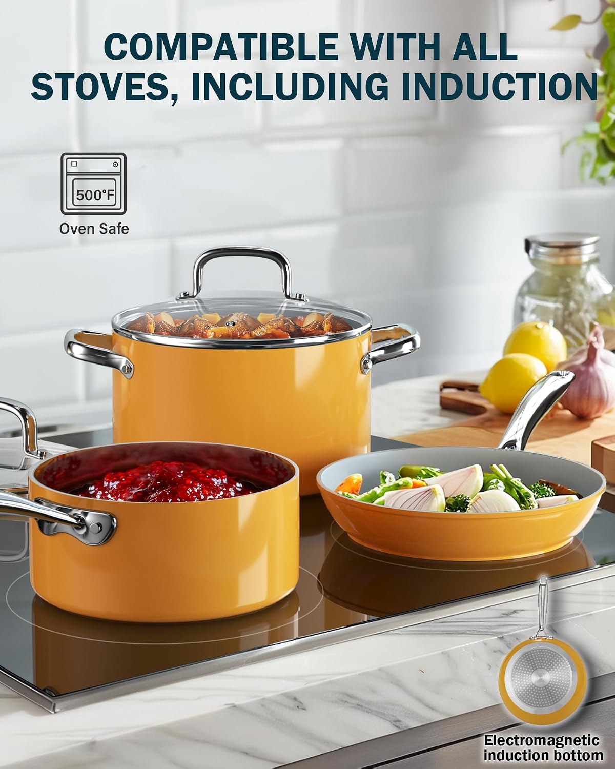 Cook N Home 10 Pcs Ceramic Pots and Pans Cookware Set, Non Stick & Non-Toxic Health Kitchen Cook Ware Sets, Yellow
