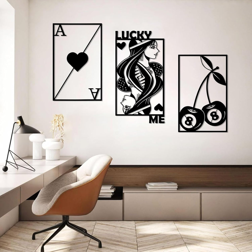 kawazu 3Pcs Poker Metal Wall Art, Lucky Me You Wall Art, Royal Flush Metal Wall Art, Playing Cards Metal Wall Art, Ace of Spades Metal Wall Art, Living Room Decor, Game Room Decor (Silver, M)