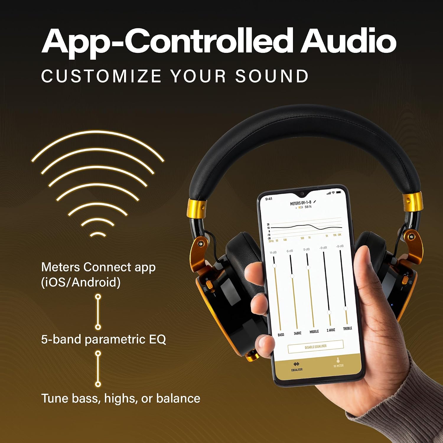 Meters OV-1-B-C Over-Ear Wireless Headphones with Active Noise Cancellation - Studio-Quality Sound with 16-Hour Playback & VU Display - Bluetooth 5.0, App-Controlled, 40mm Drivers (Jamaica)