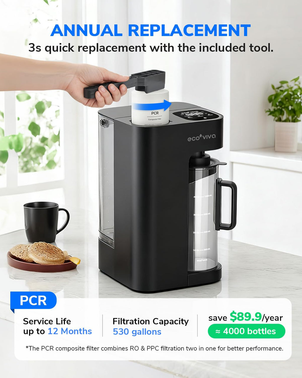 Ecoviva Mate 3 Countertop Reverse Osmosis Water Filter with 2 Auto-Fill Pitchers, 8-Stage RO Filtration System, Installation-Free, Reduces TDS, 3:1 Pure-to-Drain Ratio, Home & Kitchen, Black