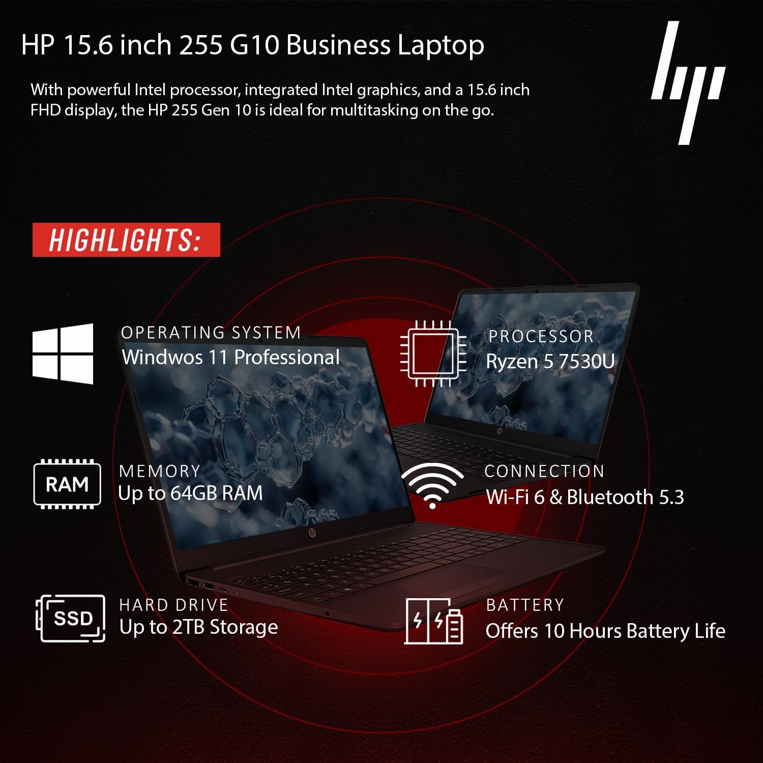 HP 2025 Latest 15.6' Business and Student Laptop, AMD Ryzen 5 7530U (Outperforms i7-1165G7), 32GB RAM, 2TB SSD, Ultra Quiet Design, Long Battery Life, Windows 11 Pro with Microsoft Office, WOWPC USB