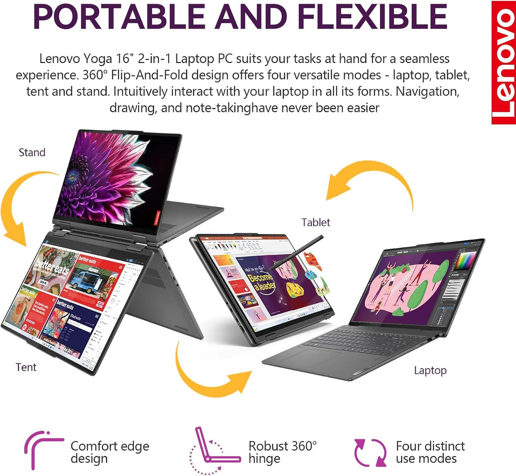 Lenovo Yoga 7i 2 in 1 Laptop Touchscreen, 16' FHD+ 360 Foldable Touch Screen Convertible, Intel Core Ultra 7, Windows 11 Pro Laptop PC, 16GB DDR5 RAM 1TB SSD, Backlit 10-Key, Fingerprint