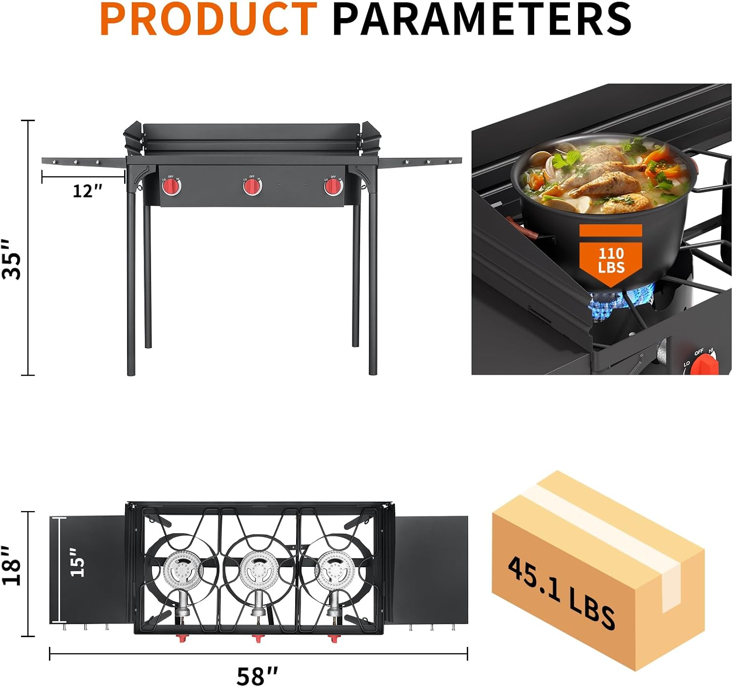 SKOK 3 Burners Camping Propane Stove with Wind Panel&Side Shelves, Portable Gas Stove, Outdoor Stove for Camping