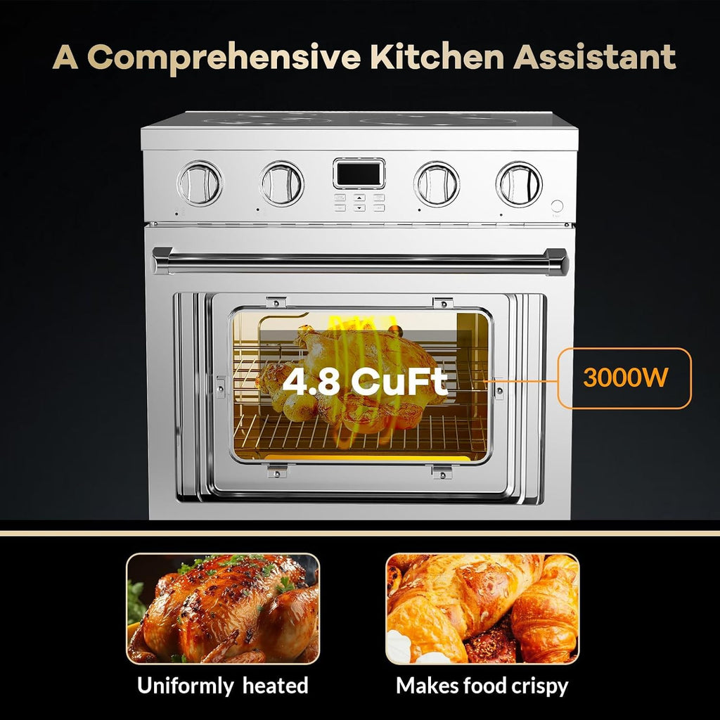 30-Inch Electric Range with 4.8 Cu.Ft Convection Oven, 4 High-Powered Burners, 6 Cooking Modes, Smooth Glass Surface, Built-In Timer, Freestanding Professional Kitchen Stove