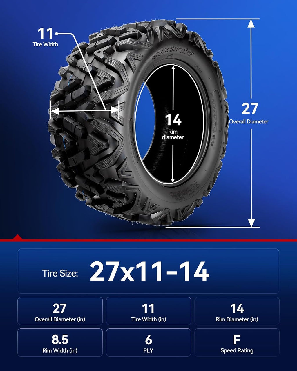 KAX 27x11-14 ATV UTV All-terrain Tires,27x11-14 Off-Road Mud Tires,6 Ply, 1Pcs,Tubeless Z-199