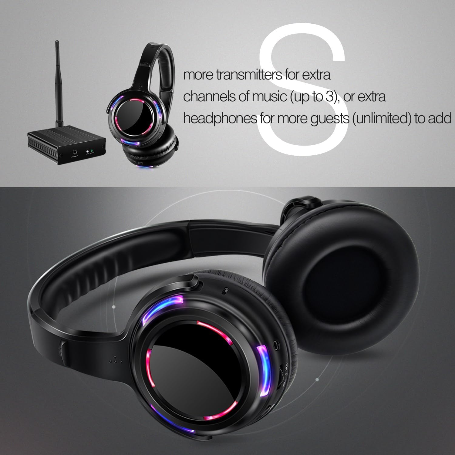 Professional Silent Disco LED Wireless Headphones and RF LED Silent Disco Earphones for iPod MP3 DJ Music Pary Club (10 led Headphone + 2 Transmitter)