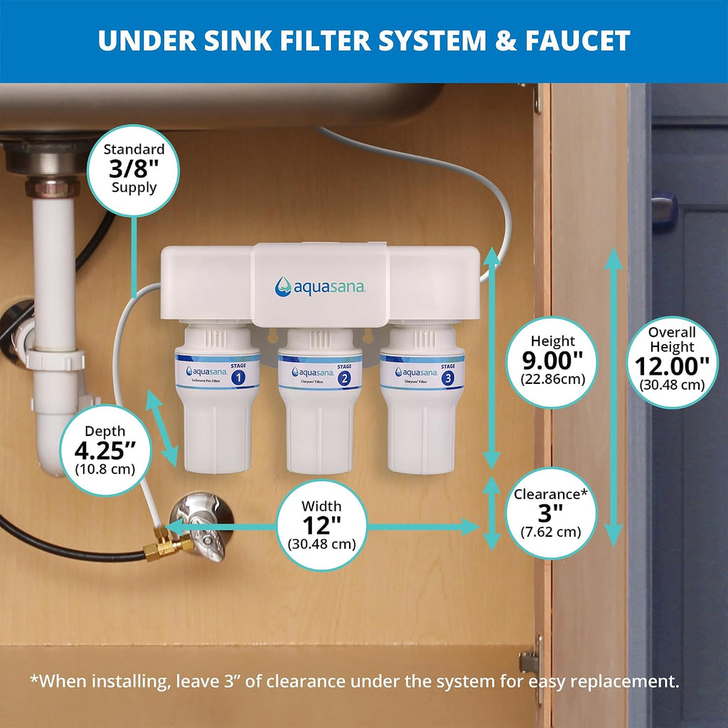 Aquasana Under Sink Water Filter | 3-Stage Claryum Filtration | Reduces up to 99.99% of 78 Contaminants Including PFAS, Lead, & Chlorine | Under Counter Drinking Water Filter | AQ-6300-NF