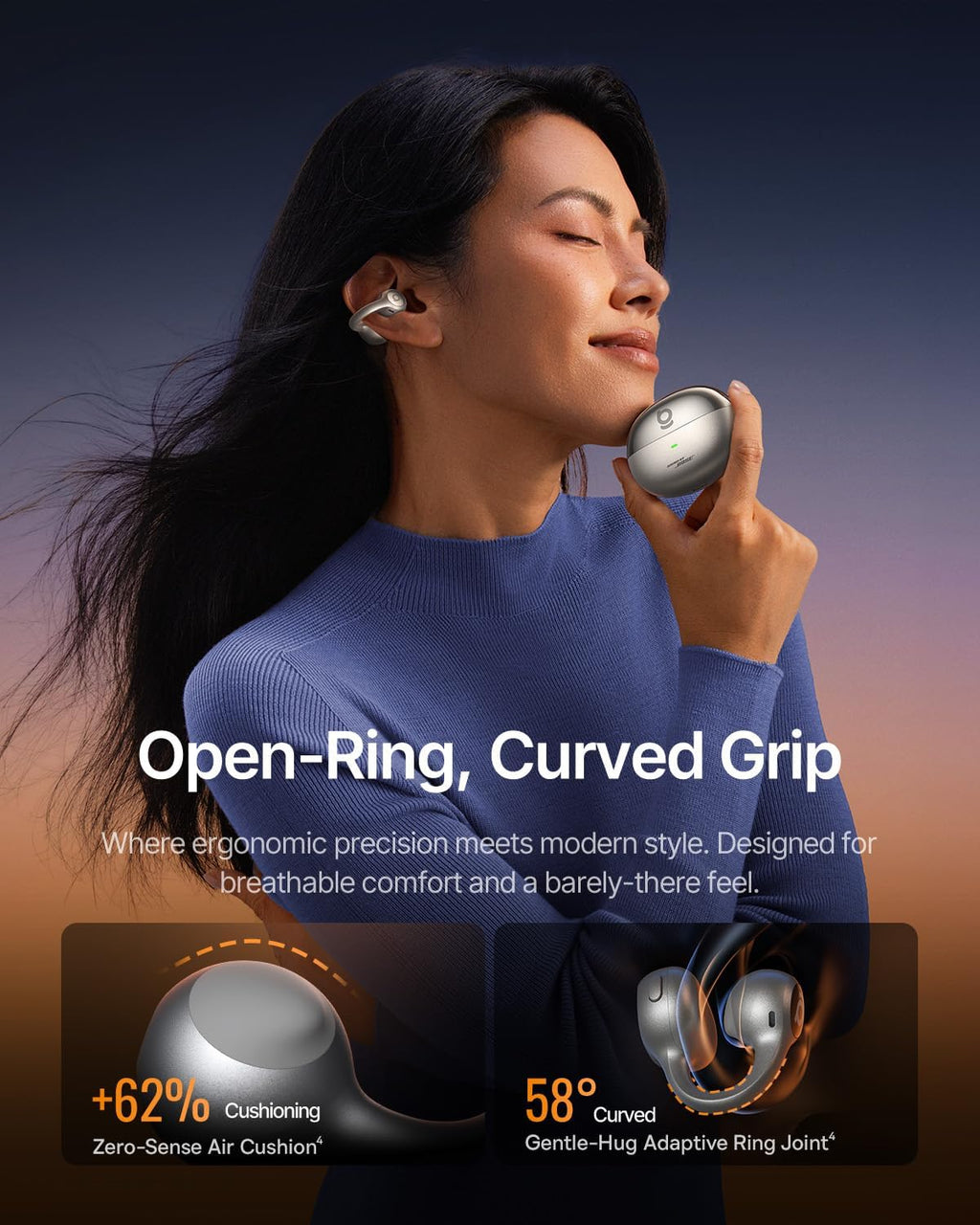 Baseus Inspire XC1 Open Ear Clip-On Earbuds, Sound by Bose, Dolby Audio, Adaptive Tunning Sound, Hybrid 2-Way Driver, Zero-Sense Air Cushion, 4-Mic Adaptive Clear Calls, IP66 Waterproof, 40H Playtime
