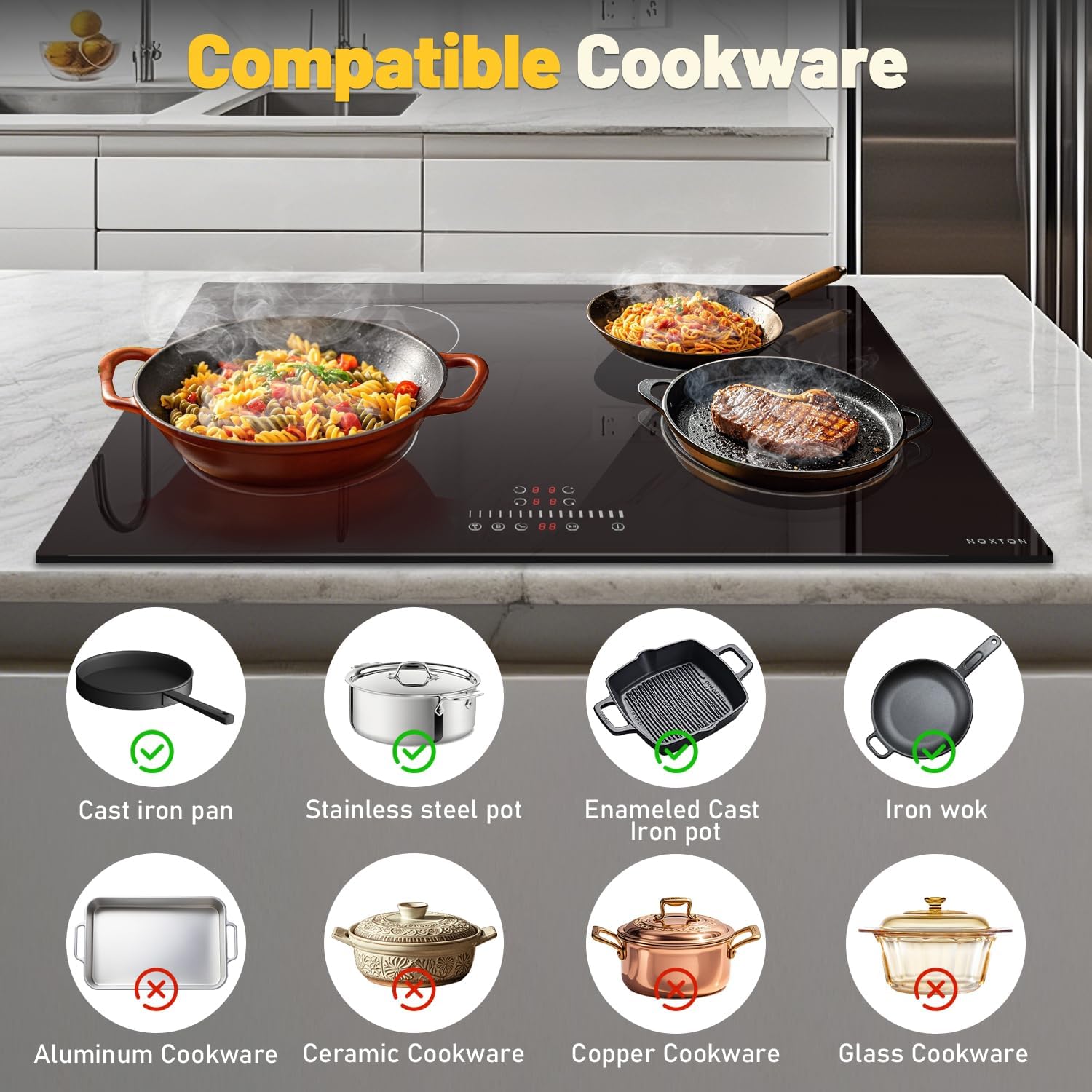 Noxton 30 inch Induction Cooktop, 7200W Electric Cooktop with 4 BOOST Burners, 9 Power Settings, Timer, Child Safety Lock, Pause, 220~240V Hard Wire Induction Stovetop