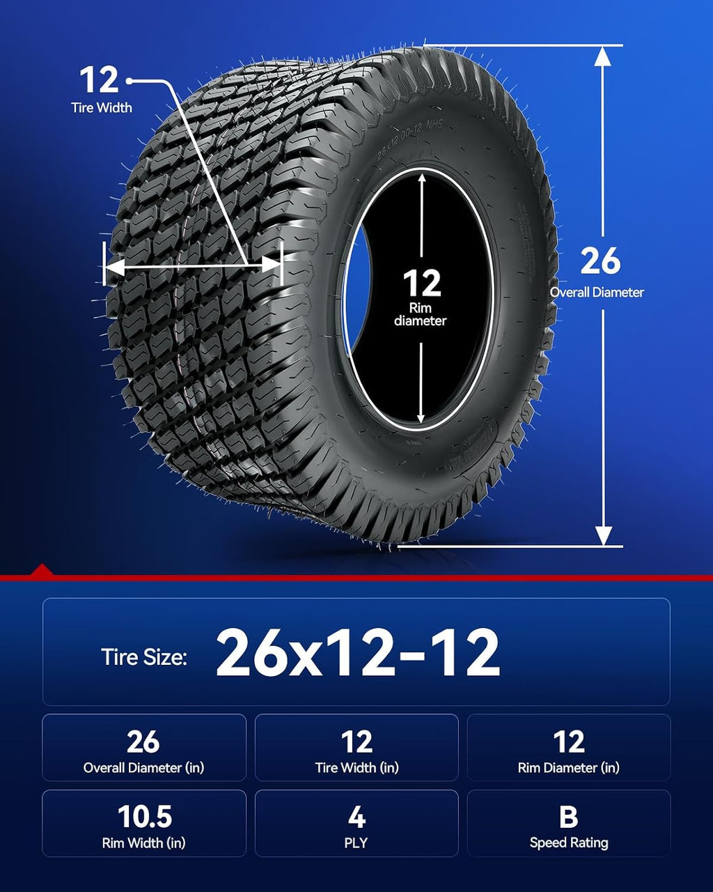 KAX 26x12-12 Lawn Mower Tires,26x12-12 Mud Tires for Off-Road, Golf Carts,4 Ply, 2Pcs,Tubeless Z-160