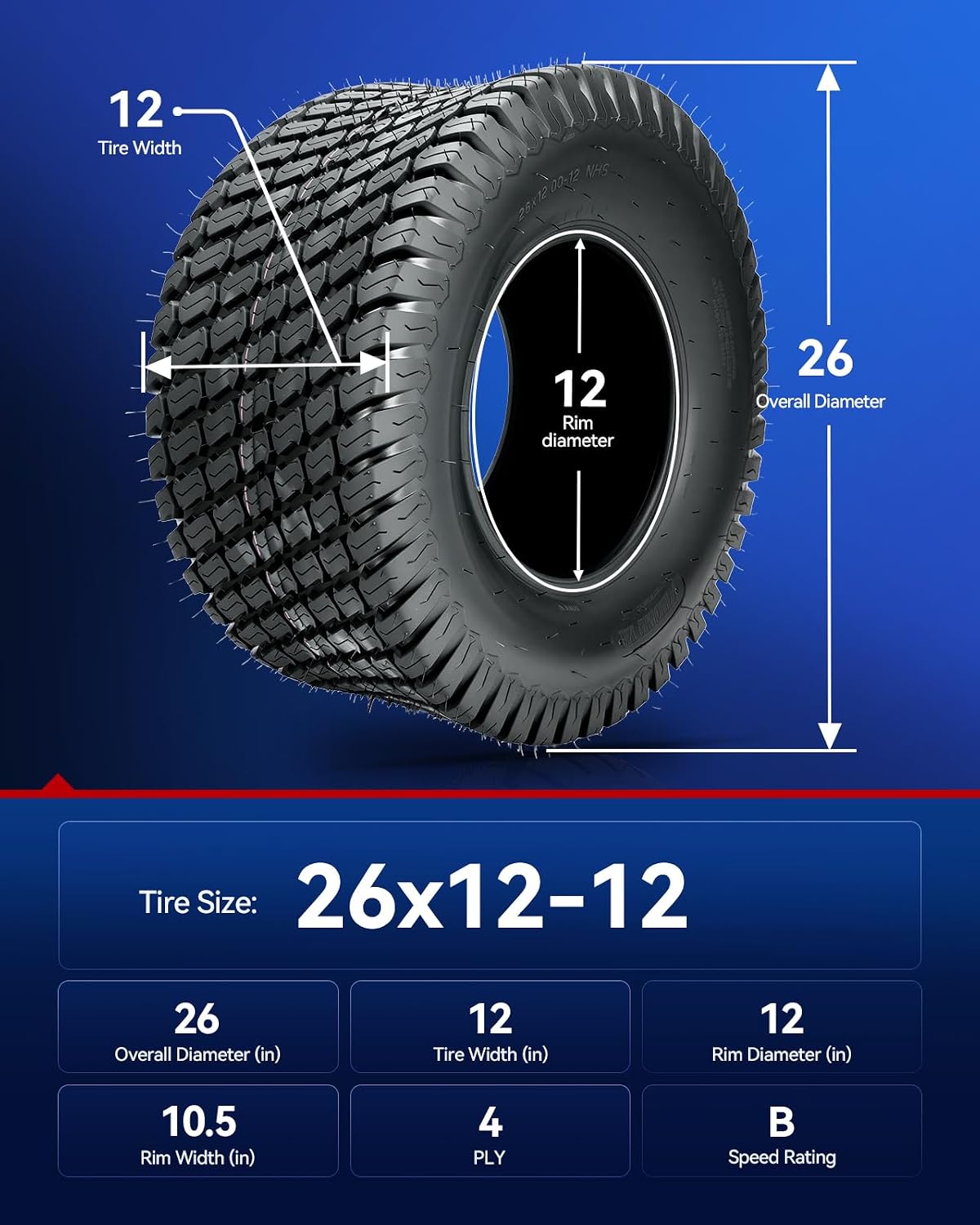 KAX 26x12-12 Lawn Mower Tires,26x12-12 Mud Tires for Off-Road, Golf Carts,4 Ply, 2Pcs,Tubeless Z-160