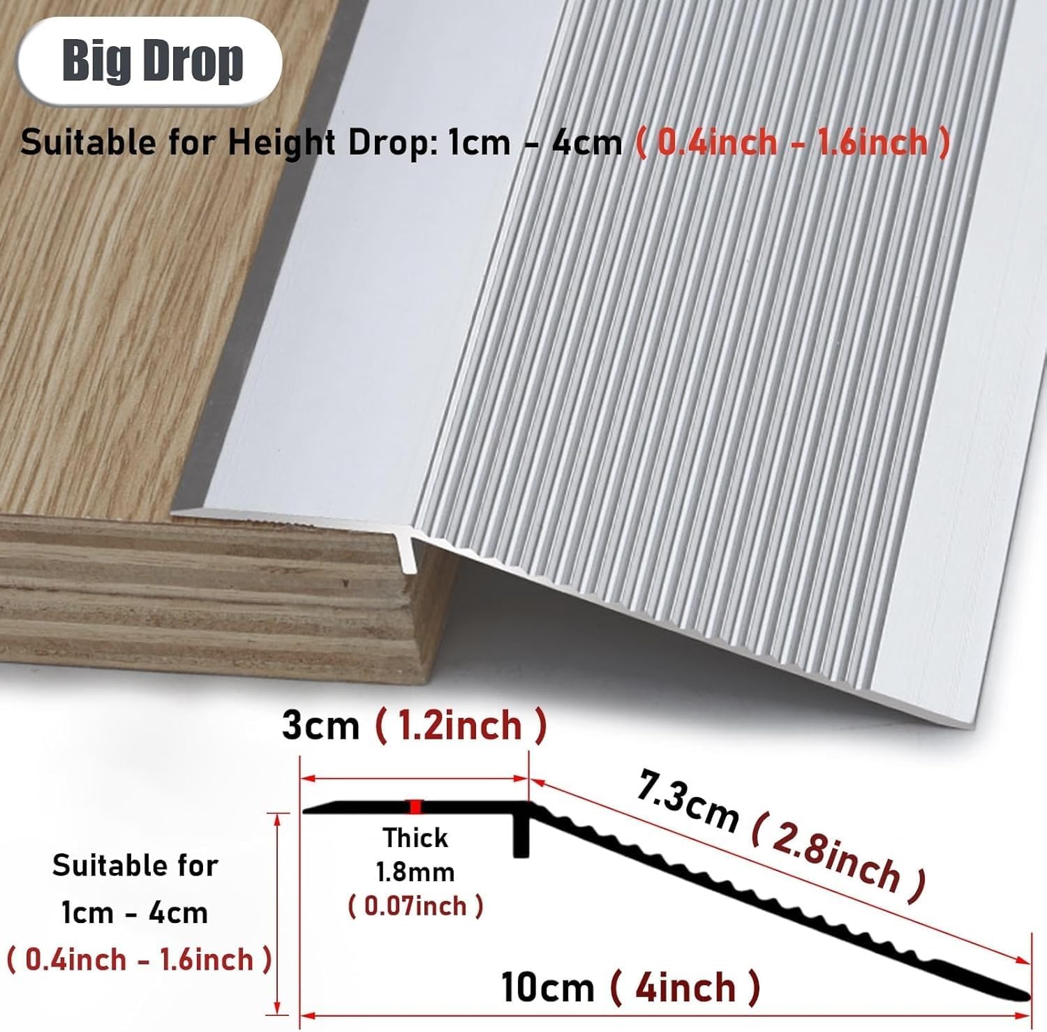 Door Strip 4inch Wide Floor Transition Strip Threshold Ramps for Doorways, Flooring Edge Trim, Wood to Vinyl, Metal Aluminum(Silver,140cm/55.1in/4.6ft)