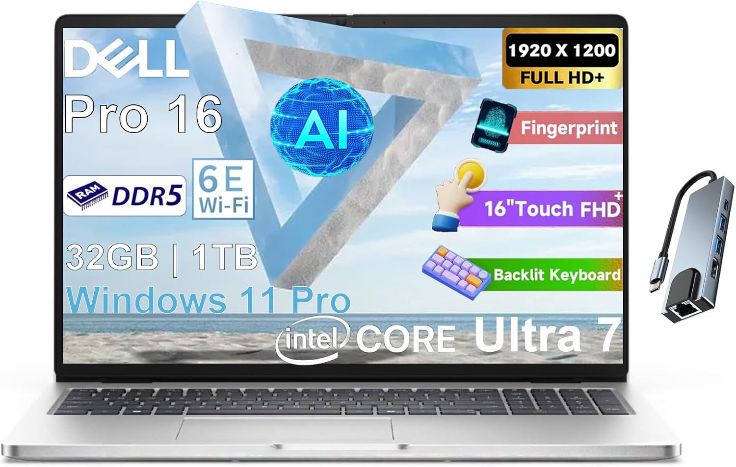 Dell Pro 16 Touchscreen Business Laptop | 16' WUXGA Anti-Glare Display | Intel Ultra 7 225U (12 cores, Up to 5.2 GHz) | 32GB DDR5 RAM, 1TB SSD | WiFi6E + BT, Backlit Keyboard, Fingerprint, Win 11 Pro
