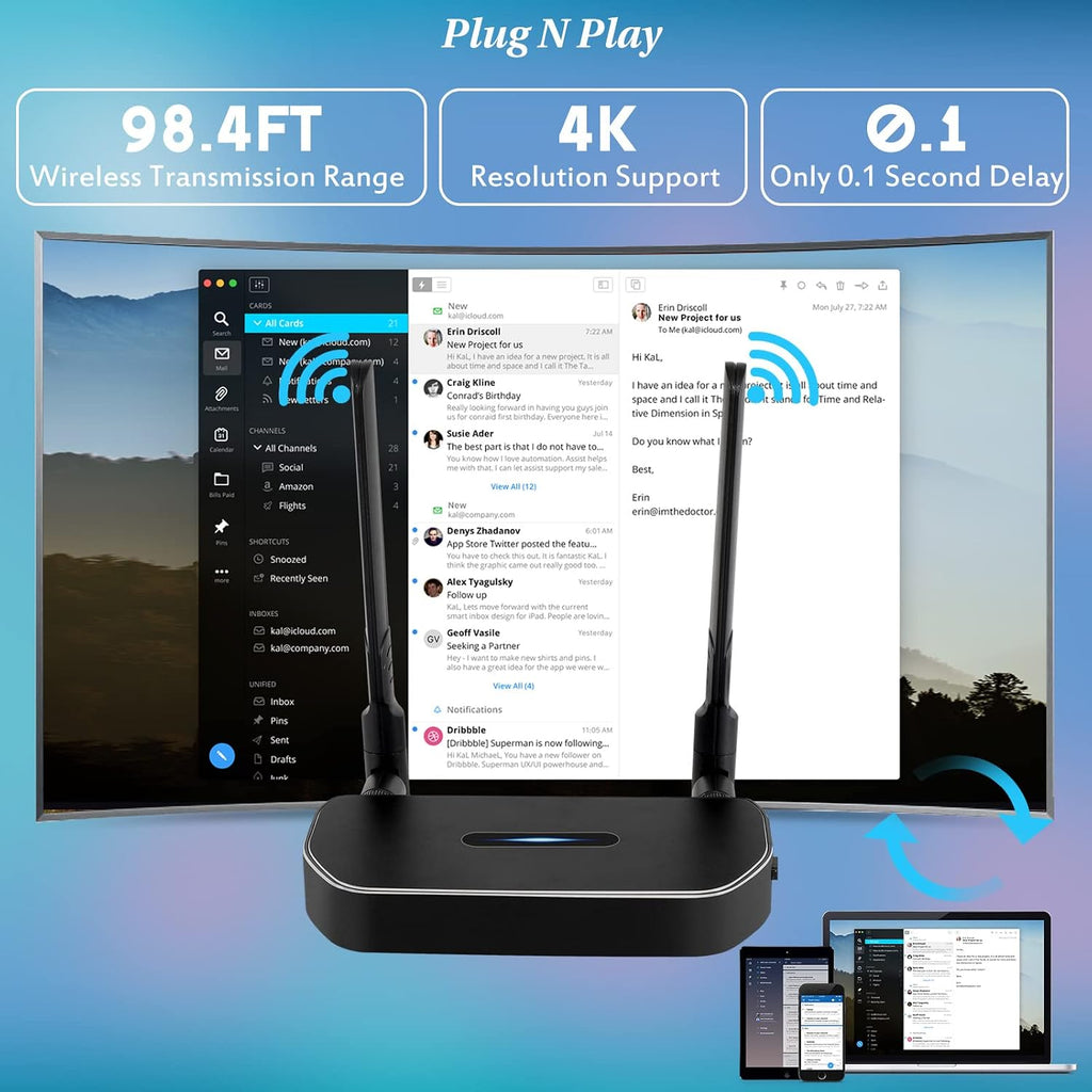 Wireless Hdmi Transmitter and Receiver 4k Kit.One Receiver and Two Transmitter Packages,Switch at Will,Matching Distance 50M VGA Dual Screen Casting Video Audio from PC/Laptop/TikTok to Monitor
