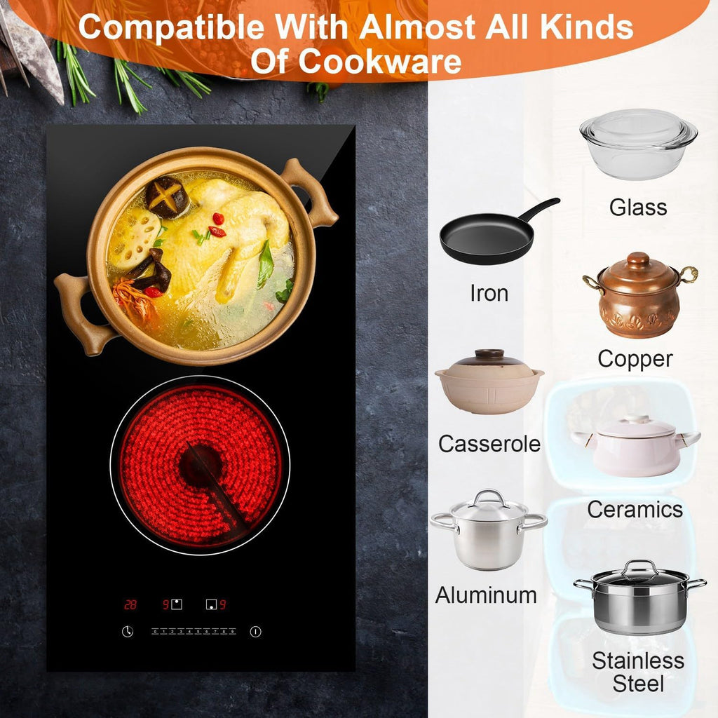 TeqHome 2 Burner Electric Cooktop, 1900W Plug in Radiant Electric Stove Top, 12' Built-in Ceramic Cooktop with Residual Heat Indicator, 9 Power Levels,Touch Control,Timer,Overheat Protection,110V-120V