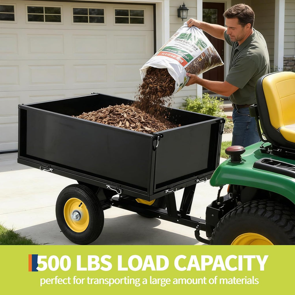 GAOMON 500LB Heavy Duty Tow Behind ATV Trailer Steel Dump Cart - 10-Cubic Feet Capacity - Garden Utility Trailer - Trailers with Removable Tailgate for Riding Lawn Mower Tractor