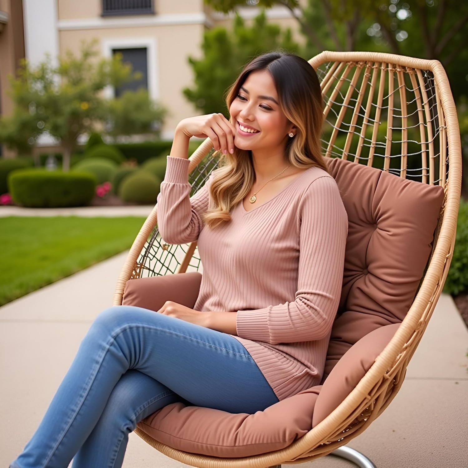 Egg Chair Cushion Replacement, Thickened Hanging Basket Seat Cushions, Indoor/Outdoor Patio Hammock Swing Chair Pad, Washable Egg Swing Cushion Brown