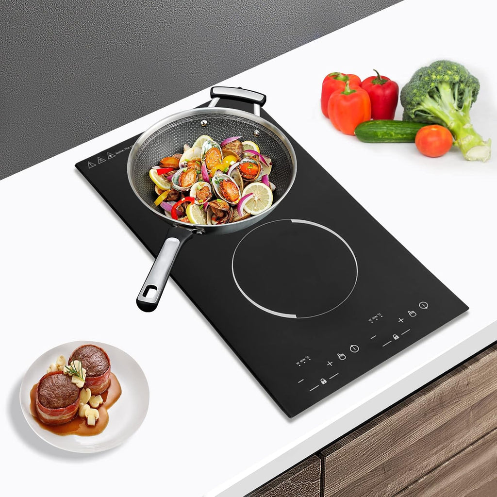 Double Electric Cooktop, 12 Inch Built-in Induction Stove Top, 2 Burners 9 Temperature Adjustment Gears Electric Stove, Timer & Kid Safety Lock Sensor Touch Control Double Induction Cooktop