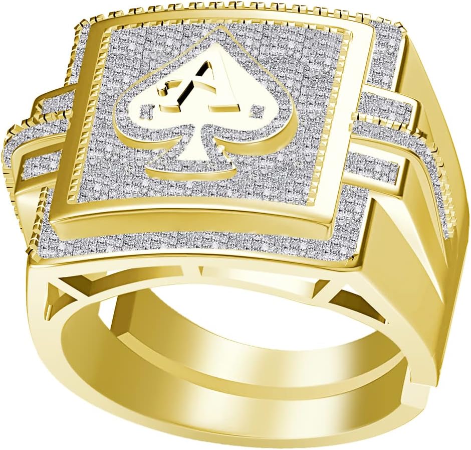Men's Real Genuine Authentic Diamond 0.75 Ct. Ace Of Spades Poker Playing Card Royal Flush Custom Ring 10K Gold On Band Big 24mm (Adjustable 10 Up 12)