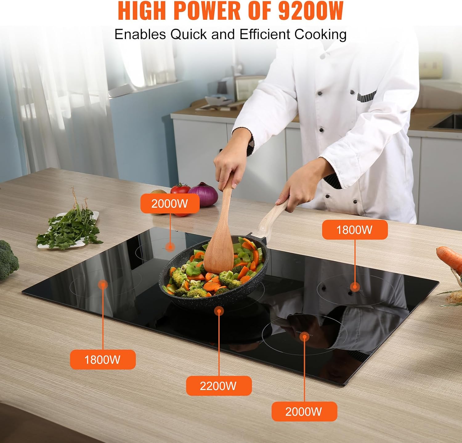 Happybuy Electric Cooktop, 5 Burners, 36'' Induction Stove Top, Built-in Magnetic Cooktop 9200W, 9 Heat Levels, Multifunctional Burner, LED Touch Controls with Child Lock & Overheat Protection