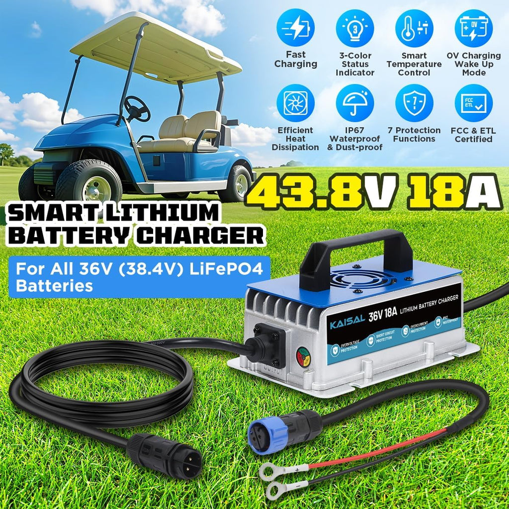 Lithium Battery Charger 36 Volt/43.8V 18A for 36V (38.4V) LiFePO4 Battery 0V Wake Up 36V Lifepo4 Battery Charger, IP67 Waterproof, for Golf Cart, Forklift, Trolling Motor, Boat, Car, RV, Lawn Mower