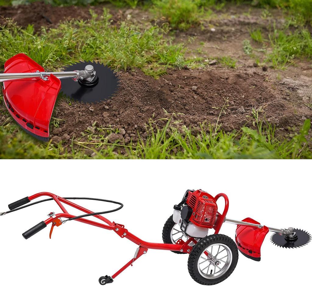 49CC Gas Walk Behind Brush Cutter, 2-Stroke Gas Powered Lawn Mower, Hand Push Brush Mower Weeding Machine with Air-Cooled System, 3-in-1 Gasoline Engine Grass Trimmer, 7000r/min