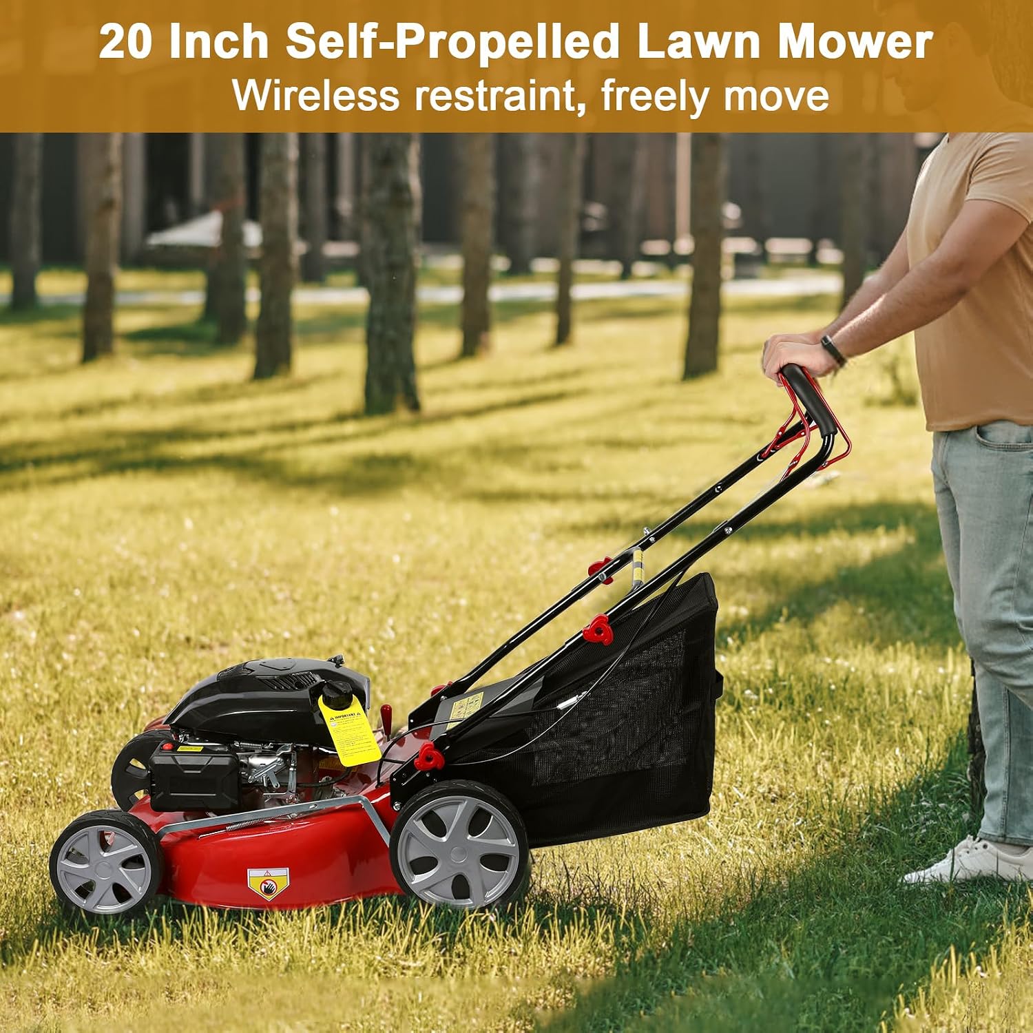 3 in 1 Self-Propelled Gas Lawn Mower with 141cc Engine,20 Inch Cutting Deck&50L Grass Bag-Push Walk-Behind Mower with Big Wheels,8-Level Height Adjustment,and Foldable Design for Effortless Lawn Care