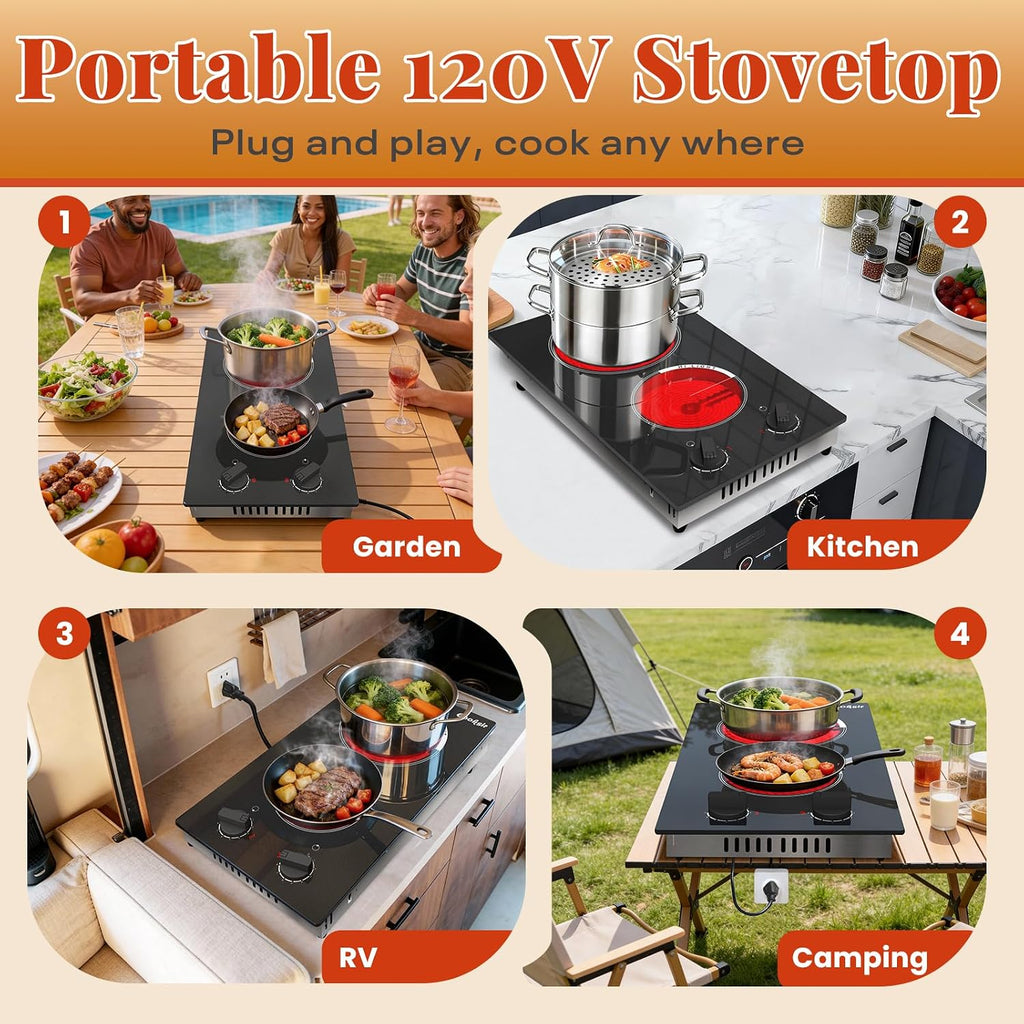 2 Burner Electric Cooktop - 110v Countertop and Built-in Electric Stove 2000W, 12 Inch Ceramic Stove with Residual Heat Indicator, Over-Temperature Protection, Knob Control, 110-120V Plug in
