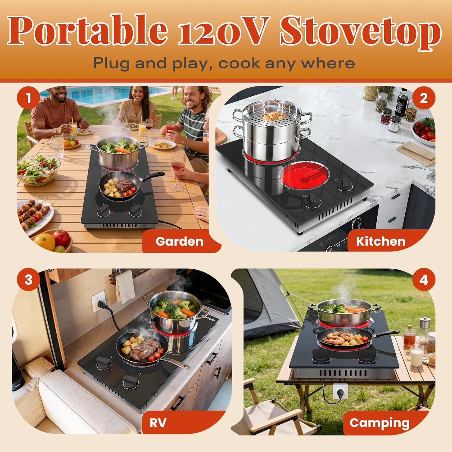 2 Burner Electric Cooktop - 110v Countertop and Built-in Electric Stove 2000W, 12 Inch Ceramic Stove with Residual Heat Indicator, Over-Temperature Protection, Knob Control, 110-120V Plug in